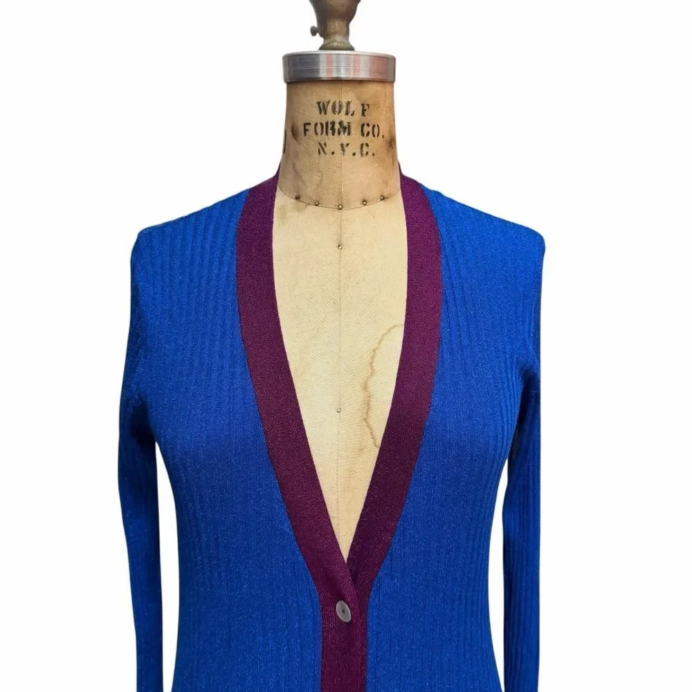 Zara Knit Blue Long Cardigan with Burgundy Trim Size M